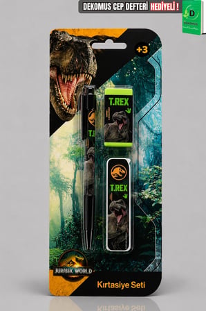 x Dekomus Lisanslı Jurassic World 3'Lü Kırtasiye Seti 0.7 Mm Uçlu Kalem,Silgi ve Uç Seti