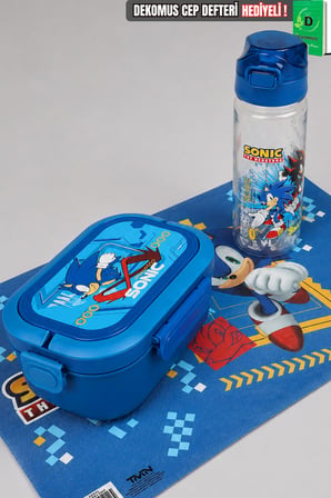 x Dekomus Lisanslı Sonic 3 Bölmeli Beslenme Kabı / Lunch Box,Matara ve Beslenme Örtüsü Seti