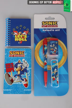 x Dekomus Lisanslı Sonic Çizgisiz Mini Bloknot,Uçlu Kalem,Silgi,Uç ve Cep Defteri Seti