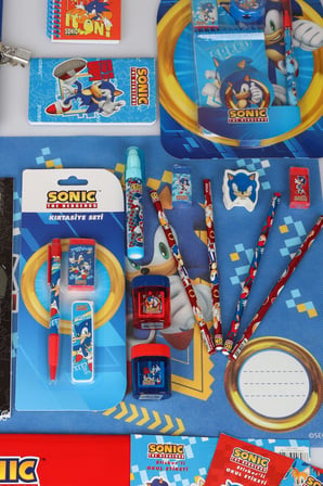 x Dekomus Lisanslı Sonic 26 Parça Kırtasiye Seti,Uçlu Kalem,Resim Defteri,Bloknot,Silgi,Uç,Cep Defteri Seti
