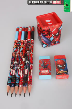 x Dekomus Lisanslı Spiderman Kırtasiye Seti 6 adet Kurşun Kalem,2 adet Silgi ve Kalemtraş