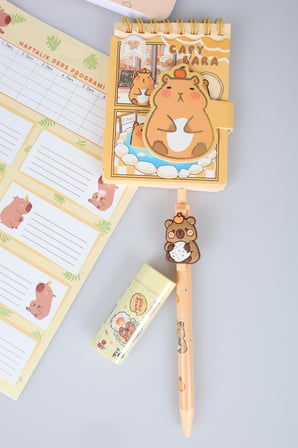 Capybara Kırtasiye Seti 4 Adet Stickerlı A4 Defter,Not Defteri, Silgi, Kalemtraş,0.7 Mm Uçlu Kalem
