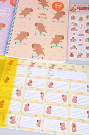 Capybara Full Kırtasiye Seti Okul,Beslenme ve Kalem Çantası,2 Adet A4 Defter,Kalem Çantası A7 Not Defteri, Silgi, Kalemtraş,0.7 Mm Uçlu Kalem