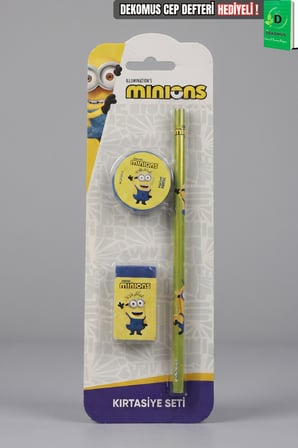 x Dekomus , Lisanslı Minions 3'lü Kırtasiye Seti Kurşun Kalem,Silgi ve Kalemtraş