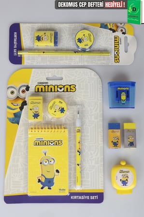 x Dekomus , Lisanslı Minions 11 Parça Kırtasiye Seti Silgi,Kurşun Kalem,Not Defteri,Kalemtraş