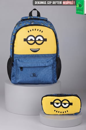 x Dekomus ,  Lisanslı Minions Banana Mood Collection Büyük Boy Okul Çantası ve Kalem Çantası Seti
