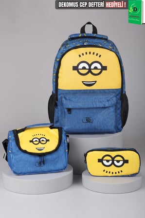 x Dekomus ,  Lisanslı Minions Banana Mood Collection Büyük Boy Okul,Termoslu Beslenme ve Kalem Çantası Seti