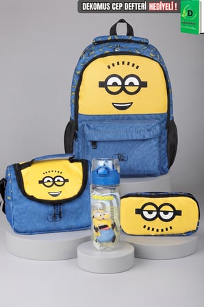 x Dekomus ,  Lisanslı Minions Banana Mood Collection Büyük Boy Okul,Termoslu Beslenme ve Kalem Çantası , Matara Seti