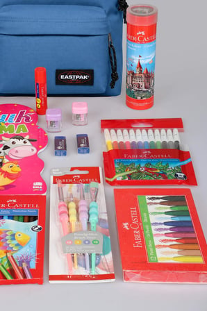 x Dekomus , Orjinal Eastpak & Faber Castell Orbit 33 Cm XS Mini Okul Çantası ve Hobi Kırtasiye Seti