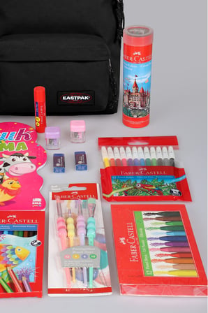 x Dekomus , Orjinal Eastpak & Faber Castell Orbit 33 Cm XS Mini Okul Çantası ve Hobi Kırtasiye Seti