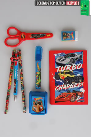 Lisanslı Hot Wheels Kırtasiye Seti Makas,Bloknot,Roket Silgi,Uçlu Kalem 0.7mm