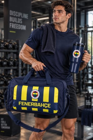 Lisanslı Fenerbahçe 2 Bölmeli Spor Çantası ve Pipetli Kulplu Termos Mug Paslanmaz Çelik Matara 1,2 Litre
