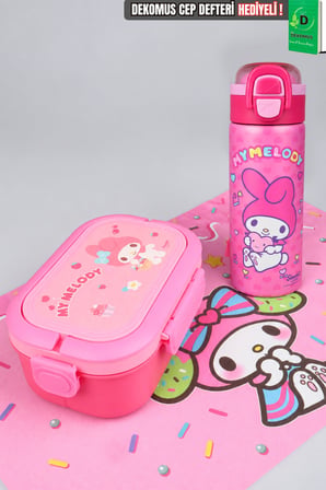 x Dekomus Lisanslı My Melody 600 ML Çelik Matara,3 Bölmeli Beslenme Kabı,Beslenme Örtüsü Seti