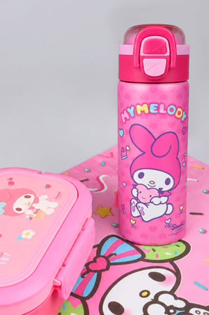 x Dekomus Lisanslı My Melody 600 ML Çelik Matara,3 Bölmeli Beslenme Kabı,Beslenme Örtüsü Seti