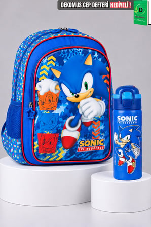 x Dekomus Lisanslı Sonic Büyük Boy Okul Çantası ve 600 ML Çift Fonksiyon Kapaklı Çelik Matara Seti