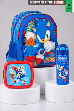 x Dekomus Lisanslı Sonic Büyük Boy Okul Çantası,Beslenme Kabı ve 600 ML Çift Fonksiyon Kapaklı Çelik Matara Seti