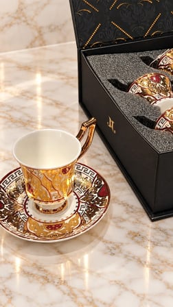 J Global 6 Kişilik Porselen Kahve Fincan Takımı 24K Altın Kaplama Barok Motifli