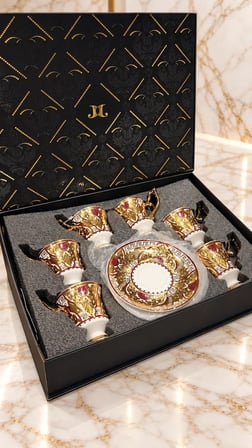 J Global 6 Kişilik Porselen Kahve Fincan Takımı 24K Altın Kaplama Barok Motifli