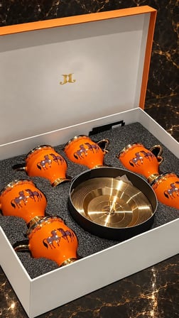 J Global Turuncu At Figürlü Altın Yaldızlı Porselen Kahve Fincanı Takımı 6 Kişilik