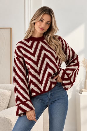 Bordo Kadın Zikzak Desenli Oversize Triko Kazak Bisiklet Yaka Uzun Kollu Örgü Kazak