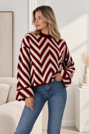 Bordo Kadın Zikzak Desenli Oversize Triko Kazak Bisiklet Yaka Uzun Kollu Örgü Kazak