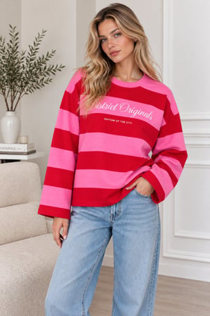 Fuşya Kadın Çizgili Oversize Sweatshirt Bisiklet Yaka Baskılı Uzun Kollu Sweat