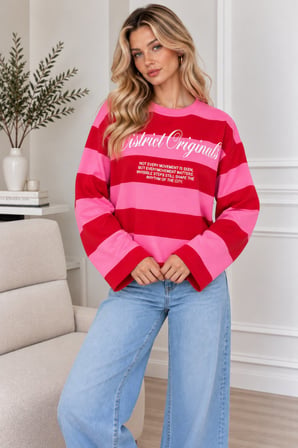 Fuşya Kadın Çizgili Oversize Sweatshirt Bisiklet Yaka Baskılı Uzun Kollu Sweat