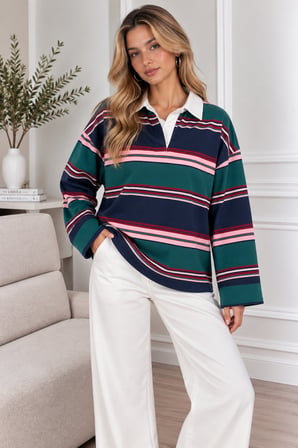 Çok Renkli Kadın Yeşil Lacivert Pembe Çizgili Polo Yaka Oversize Uzun Kollu Sweatshirt