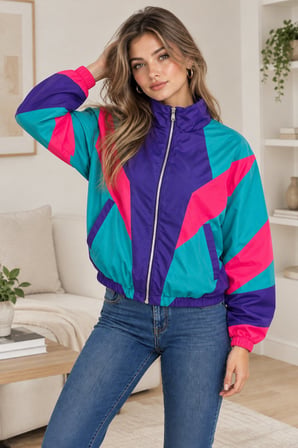 Çok Renkli Kadın Mor Pembe Turkuaz Renk Bloklu Fermuarlı Dik Yaka Oversize Retro Mevsimlik Spor Ceket