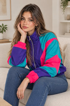 Çok Renkli Kadın Mor Pembe Turkuaz Renk Bloklu Fermuarlı Dik Yaka Oversize Retro Mevsimlik Spor Ceket