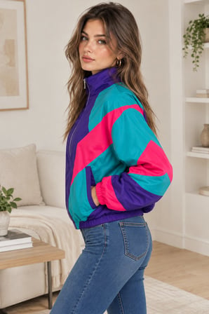 Çok Renkli Kadın Mor Pembe Turkuaz Renk Bloklu Fermuarlı Dik Yaka Oversize Retro Mevsimlik Spor Ceket