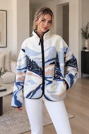 Çok Renkli Kadın Desenli Polar Ceket Fermuarlı Dik Yaka Oversize Kışlık Polar