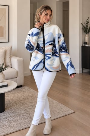 Çok Renkli Kadın Desenli Polar Ceket Fermuarlı Dik Yaka Oversize Kışlık Polar