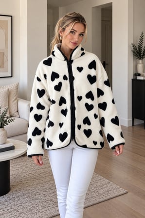 Beyaz Kadın Desenli Polar Ceket Fermuarlı Dik Yaka Oversize Kışlık Polar