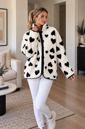 Beyaz Kadın Desenli Polar Ceket Fermuarlı Dik Yaka Oversize Kışlık Polar