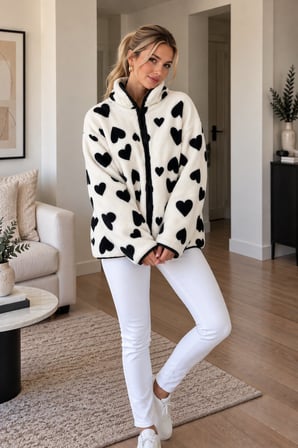 Beyaz Kadın Desenli Polar Ceket Fermuarlı Dik Yaka Oversize Kışlık Polar