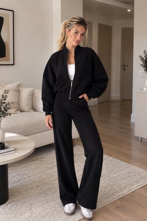 Siyah Kadın Fermuarlı Dik Yaka Eşofman Takımı Oversize Sweatshirt ve Bol Paça Pantolon İkili Takım