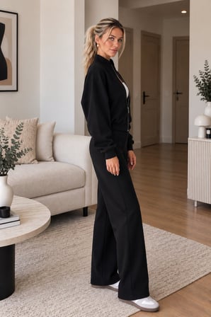 Siyah Kadın Fermuarlı Dik Yaka Eşofman Takımı Oversize Sweatshirt ve Bol Paça Pantolon İkili Takım