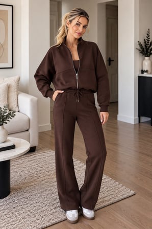 Kahve Kadın Fermuarlı Dik Yaka Eşofman Takımı Oversize Sweatshirt ve Bol Paça Pantolon İkili Takım