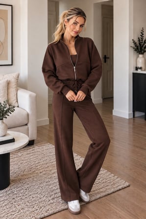 Kahve Kadın Fermuarlı Dik Yaka Eşofman Takımı Oversize Sweatshirt ve Bol Paça Pantolon İkili Takım