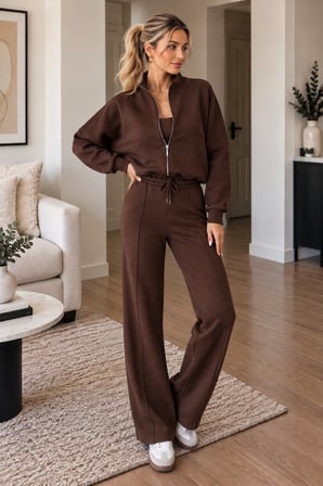 Kahve Kadın Fermuarlı Dik Yaka Eşofman Takımı Oversize Sweatshirt ve Bol Paça Pantolon İkili Takım