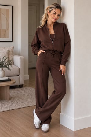 Kahve Kadın Fermuarlı Dik Yaka Eşofman Takımı Oversize Sweatshirt ve Bol Paça Pantolon İkili Takım