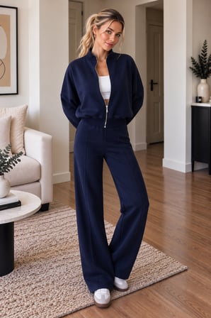 Lacivert Kadın Fermuarlı Dik Yaka Eşofman Takımı Oversize Sweatshirt ve Bol Paça Pantolon İkili Takım