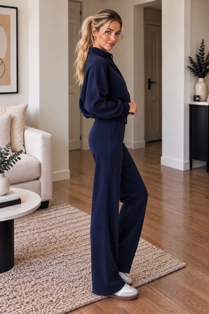 Lacivert Kadın Fermuarlı Dik Yaka Eşofman Takımı Oversize Sweatshirt ve Bol Paça Pantolon İkili Takım