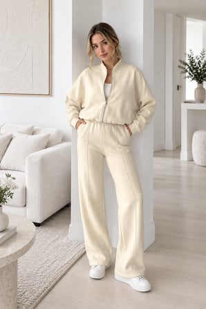 Taş Kadın Fermuarlı Dik Yaka Eşofman Takımı Oversize Sweatshirt ve Bol Paça Pantolon İkili Takım