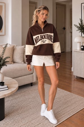 Kahve Kadın Melbourne Baskılı Oversize Sweatshirt Yarım Fermuarlı Dik Yaka Uzun Kollu Sweat