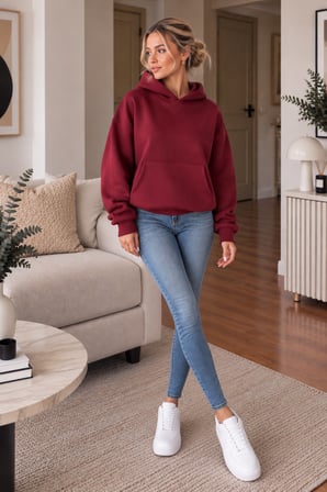 Bordo Kadın Kapüşonlu Oversize Sweatshirt Kanguru Cepli Düz Renk Uzun Kollu Sweat