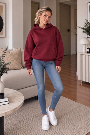 Bordo Kadın Kapüşonlu Oversize Sweatshirt Kanguru Cepli Düz Renk Uzun Kollu Sweat
