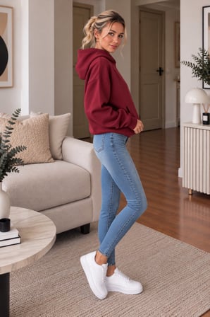 Bordo Kadın Kapüşonlu Oversize Sweatshirt Kanguru Cepli Düz Renk Uzun Kollu Sweat