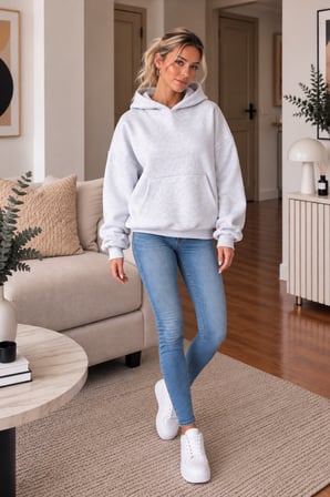 Gri Kadın Kapüşonlu Oversize Sweatshirt Kanguru Cepli Düz Renk Uzun Kollu Sweat
